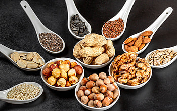 Different nuts, Nutty spoons, Hazelnuts walnuts seeds, High-quality HD wallpaper