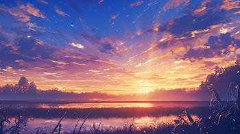 Tranquil Anime Landscape: Stunning Sunset, Anime, anime landscape, sunset, anime sunset HD wallpaper