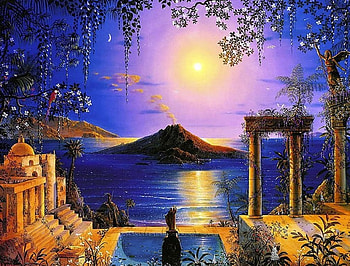 Moonshine over Italia, colorful, italia, color, moonshine, peaceful, beautiful, vulcan, moon, smoke, view, splendor HD wallpaper