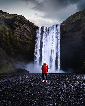 Nature, Shore, Bank, Miscellanea, Miscellaneous, Waterfall, Break, Precipice, Human, Person HD phone wallpaper
