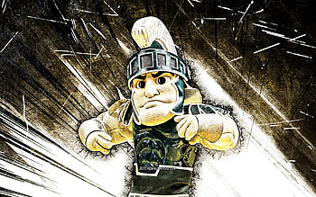 Sparty, grunge art, mascot, Michigan State Spartan, NCAA, Michigan State Spartan mascot, brown abstract rays, NCAA mascots, official mascot, Sparty mascot HD wallpaper