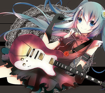 Hatsune Miku, volcaloids, smile, hatsune, guitar, cute HD wallpaper