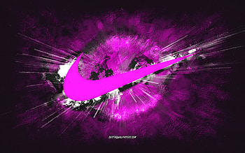 Nike logo, grunge art, purple stone background, Nike purple logo, Nike, creative art, Nike grunge logo HD wallpaper
