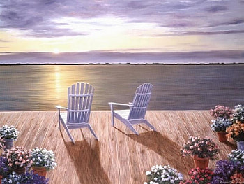 Among Friends, chairs, clouds, deck, flowers, water, sunset, pots HD wallpaper