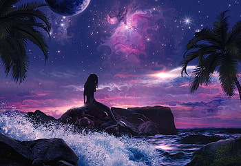 Mermaid, rocks, art, sea, digital, clouds, girl, stormy HD wallpaper