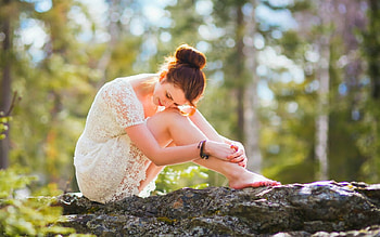 At this Moment, model, sitting, forest, woman HD wallpaper
