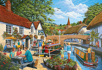 Waterside Tavern, houses, canal, ship, painting, bridge, trees, village HD wallpaper