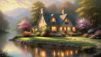 warm country cottage, Warm, cottage, lake, pond, water HD wallpaper