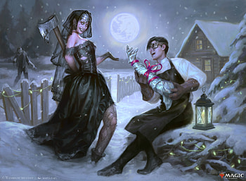 Last minute chopping, night, winter, art, man, girl, axe, halloween, geralt, gisa, moon, fantasy, iarna, snow, luna, couple, marta nael HD wallpaper