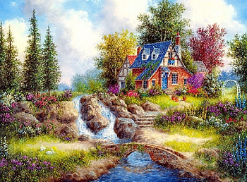 Spring, art, painted, house HD wallpaper