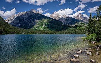 Taggart Lake, Grand Teton National Park, stones, usa, wyoming, clouds, sky, mountains HD wallpaper