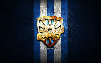 ADR Jicaral FC, golden logo, Liga FPD, blue metal background, football, Costa Rican football club, ADR Jicaral logo, soccer, Costa Rica Primera Division, ADR Jicaral HD wallpaper