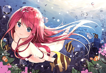 Dive, sea, eyes, cute, girl, red hair, anime, red, fish, sun, ocean HD wallpaper