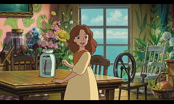 Arrietty, chair, cute, long hair, dress, borrower, flower, happy, adorable, female, table, smiling, window, smile, house, girl, kawaii, anime girl, anime, brown hair, home HD wallpaper