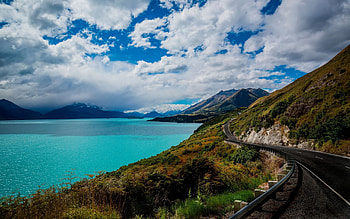 Nature, Grass, Sky, Mountains, Sea, Railway HD wallpaper