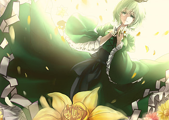 Touhou, sweet, cute, girl, beautiful, dress, beauty, woman, anime, green, yellow, flowers HD wallpaper