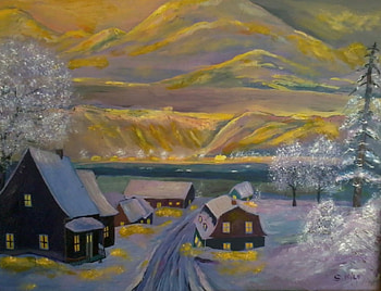 Quebec nature painted by saad antoine kilo, winter, Quebec village, lights, snow, trees, houses, canyons HD wallpaper