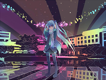 Rainbow World, awesome, stars, nice, hatsune, aqua eyes, white, hatsune miku, twintail, headset, aqua, anime, pretty, blue, colorful, black, song, heads, cute, vocaloid, beauty, miku, buildings, music, vocaloids, thighhighs, skirt, city, beautiful, rainbow, aqua hair, cool, sky, scarf HD wallpaper