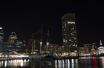 Baltimore Skyline, Nighttime city lights, Reflection on water, Urban metropolis HD wallpaper
