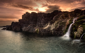 Nature, Sky, Twilight, Clouds, Rocks, Shore, Bank, Waterfall, Dusk, Color, Colors, Emptiness, Void HD wallpaper
