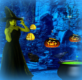 ~Halloween Midnight~, night, eyelashes, cauldron, witch, pumpkins, halloween, holiday, October 31st, witch hat, model, magic, lamps, midnight, weird things people wear, cat, backgrounds, dark, creative pre-made, crow, fantasy, manipulation, girls, women HD wallpaper