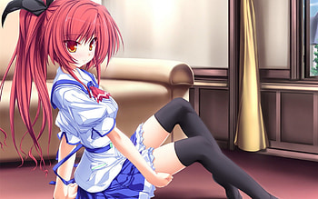 Long Red Hair, black stockings, brown eyes, girl, red hair, long hair, short blue dress, sitting, anime, sailor moon, female HD wallpaper