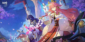 Genshin Impact : Baal, Raiden Shogun & Yae Miko United, Baal Raiden Shogun (Genshin Impact), Yae Miko Guuji (Genshin Impact), Kazari (Genshin Impact) HD wallpaper