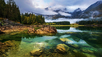 Upper Fusine Lake, Julian Alps, Italy, trees, landscape, clouds, sky, water, rocks, mountains HD wallpaper