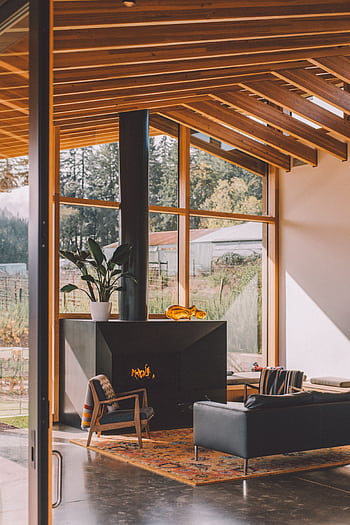 Sunlit modern living room with fireplace and glass wall, offering comfort and style. HD phone wallpaper