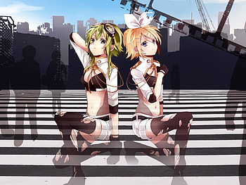 Gumi & Kagamine Rin, anime, city, ribbon, kagamine rin, girls, gumi, bow, walk HD wallpaper