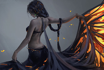 Dancer, black, frumusete, art, orange, aeolian, fantasy, wlop, luminos HD wallpaper