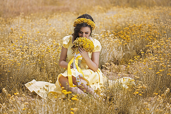 Brunette Surrounded by Yellow Flowers, model, flowers, dress, brunette HD wallpaper