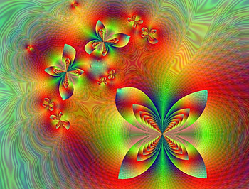 Butterfly Vision, abstract, butterfly, yellow, green, red, fractal, orange HD wallpaper