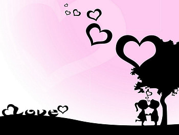 Love, pink, couple, heart, silhouette HD wallpaper