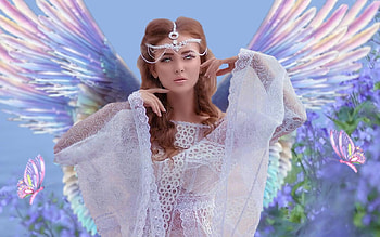 Ethereal Angel, butterflies, blue, pink, white, green, angel, girl, ethereal HD wallpaper