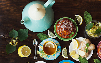 Tea time!, cinnamon roll, lemon, fruit, dessert, cup, food, sweet, tea, yellow, green, teapot HD wallpaper