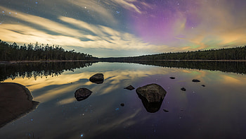 Starry Sky Over Calm Lake With Reflected Clouds, star, sky, lake, clouds, sea, shore, nature HD wallpaper