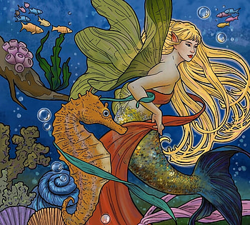 Mermaid, girl, water, blue, blonde, art, summer, fantasy, green, yellow, seahorse, harsh taggar, vara, siren HD wallpaper