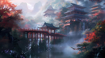 Misty asian scenery with bridge, mist, fog, Japan, asian, fantasy HD wallpaper
