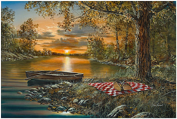 By Jim Hansel, boat, painting, art, nature, jim hansel, lake, sunset HD wallpaper