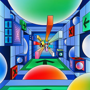 Vibrant abstract geometric digital art with 3D elements and a dynamic perspective. HD phone wallpaper