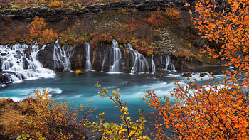 Hraunfossar in Autumn, Iceland, river, leaves, color, trees, cliff HD wallpaper