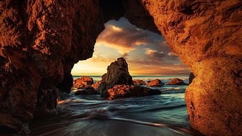 Malibu, California, sea, arch, colors, clouds, sky, rocks, usa, sunset HD wallpaper