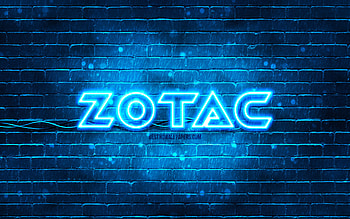 Zotac blue logo, , blue brickwall, Zotac logo, brands, Zotac neon logo, Zotac HD wallpaper