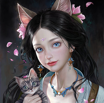 Fantasy girl, xixi xie, gorgeous, face, cat, kitten, frumusete, girl, superb, jewel, earrings, pisici, luminos HD wallpaper