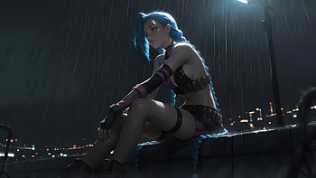Jinx Alone In Rain, jinx-league-of-legends, league-of-legends, artwork, art, digital-art, games, video-games, deviantart HD wallpaper