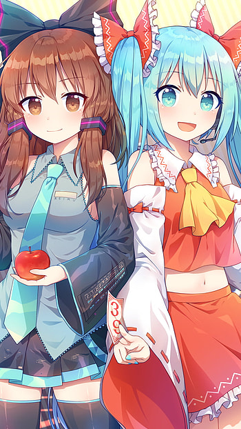 Reimu & Miku Crossover: Vocaloid × Touhou Anime, Vocaloid, Touhou, Reimu Hakurei, Hatsune Miku, Anime, crossover HD phone wallpaper
