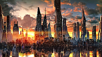 Futuristic city skyline, Dusk HD wallpaper