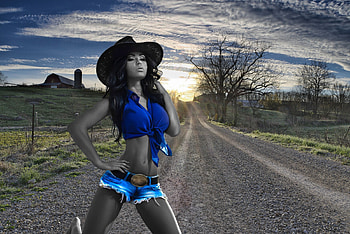 Road To The Ranch. ., style, cowgirl, fun, brunettes, fashion, outdoors, ranch, road, girls, women, models, western, hats, female HD wallpaper