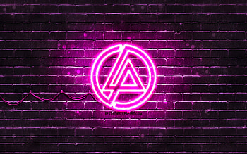 Linkin Park purple logo, , music stars, purple brickwall, Linkin Park logo, brands, Linkin Park neon logo, Linkin Park HD wallpaper